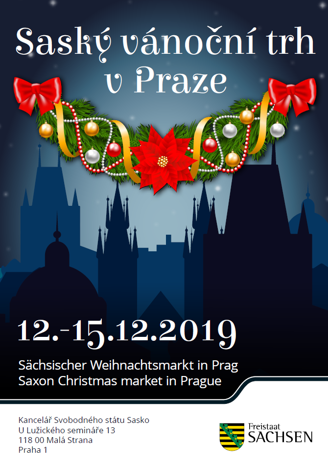 Plakat mit Girlande aus Tannengrün, roten Weihnachtssternen und Christbaumkugeln vor einer blauen Silhouette von Prag