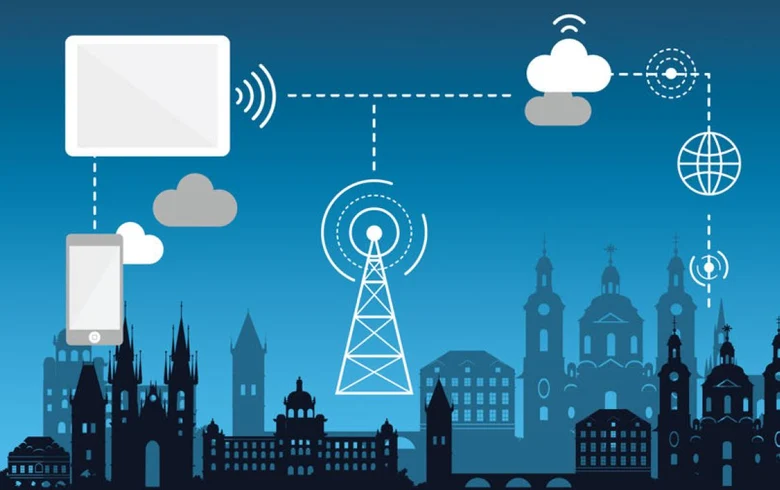 Grafik einer City-Skyline umgeben von Symbolen wie iPad, Smartphone oder Telekommunikationsturm