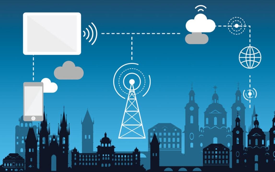 Grafik einer City-Skyline umgeben von Symbolen wie iPad, Smartphone oder Telekommunikationsturm